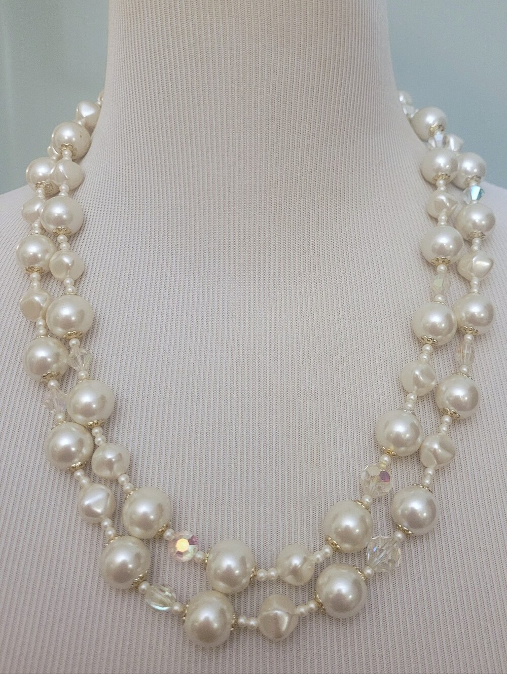 Vintage Double-Strand Faux Pearl Necklace Marked Japan - Picture 1 of 8